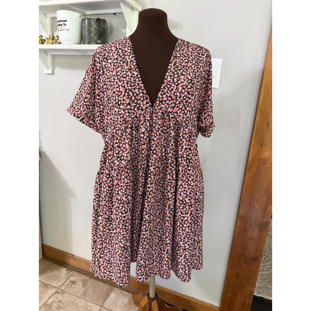 Petal + Pup Pink Floral Ditsy Babydoll Dress‎ V-Neck Open Back Mini ML